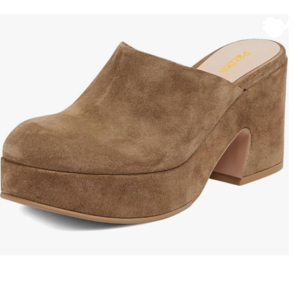 Pazzion Brown Platform Rounded Toe Mules Clogs Slip On Chunky High Heel Slipper